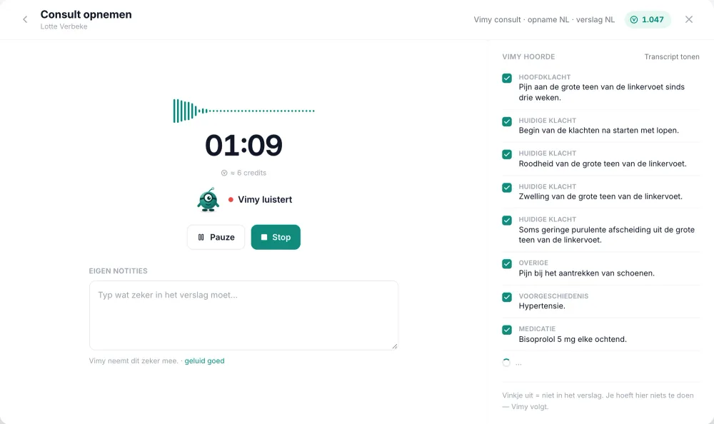 Het scherm Consult opnemen in VIMA: timer op 01:09, Vimy luistert, en rechts de lijst "Vimy hoorde" met aangevinkte punten zoals hoofdklacht, voorgeschiedenis en medicatie.