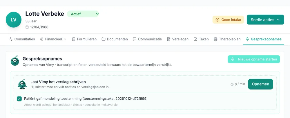 VIMA-patiëntendossier, tabblad Gespreksopnames: de kaart "Laat Vimy het verslag schrijven" met het vinkje "Patiënt gaf mondeling toestemming" en de melding dat het attest wordt gelogd.