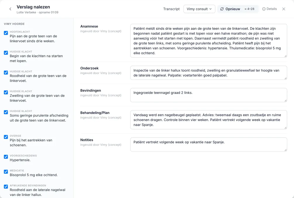 Het scherm Verslag nalezen in VIMA: de sjabloonvelden Anamnese, Onderzoek, Bevindingen, Behandeling/Plan en Notities, elk ingevuld door Vimy als concept, met de knop Opnieuw.