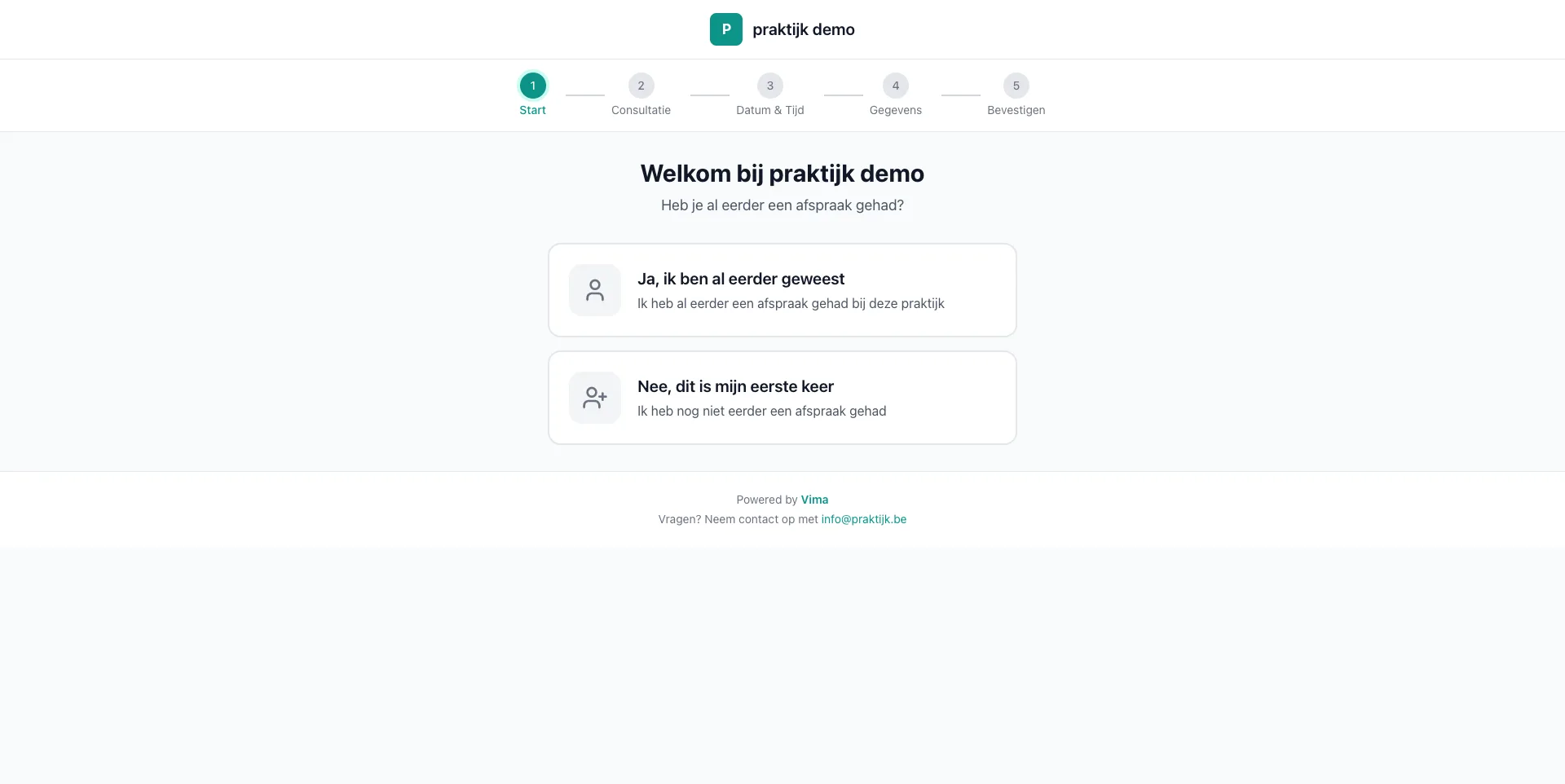 VIMA online booking screen for patients