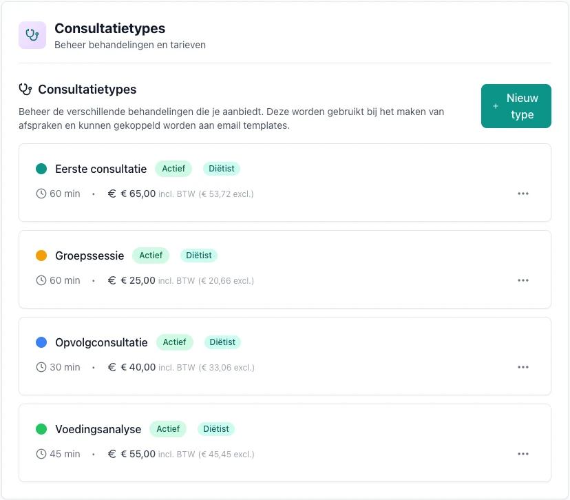 Overzicht van consultatietypes in VIMA voor diëtisten met duur en prijs, waaronder eerste consultatie, groepssessie, opvolgconsultatie en voedingsanalyse