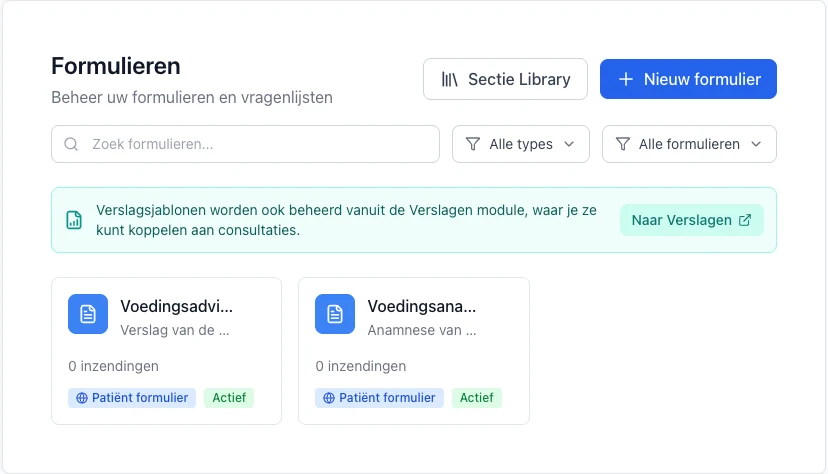 Formulierenoverzicht in VIMA met sjablonen zoals voedingsadvies verslag en voedingsanamnese voor diëtisten