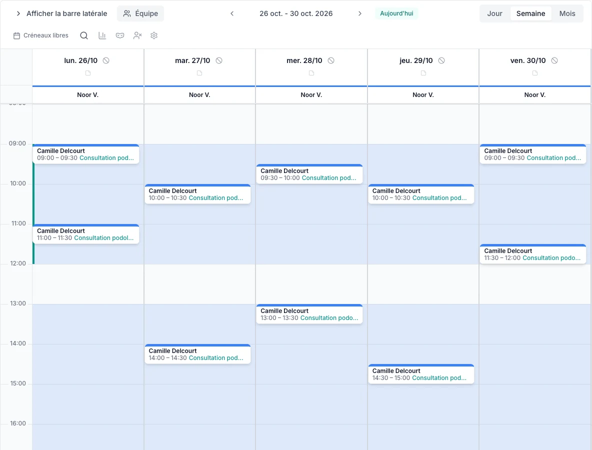 Vue semaine de l’agenda VIMA en français, avec des rendez-vous répartis sur les jours de la semaine