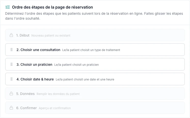 Réglage Ordre des étapes de la page de réservation dans VIMA avec les étapes Début, Choisir une consultation, Choisir un praticien, Choisir date & heure, Données et Confirmer