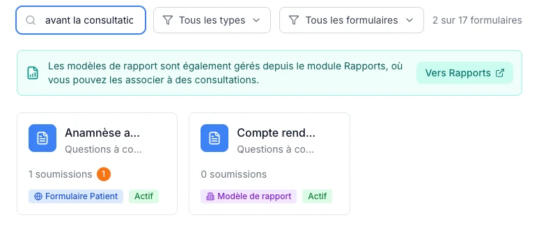 Aperçu des formulaires dans VIMA, avec pour chaque formulaire son nom, son type et son statut