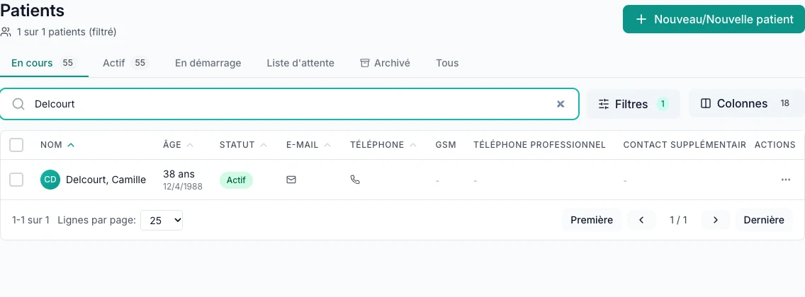 Liste des patients VIMA après le changement de logiciel