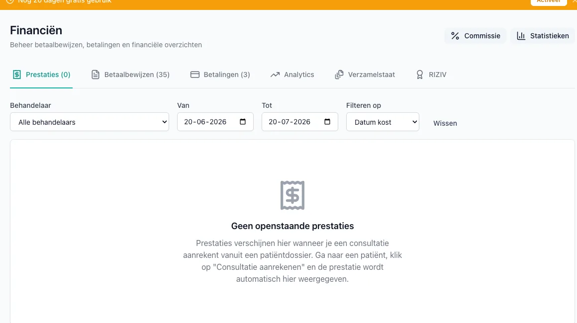 Financiënoverzicht in VIMA voor logopedie met tabbladen voor betaalbewijzen, verzamelstaat en RIZIV