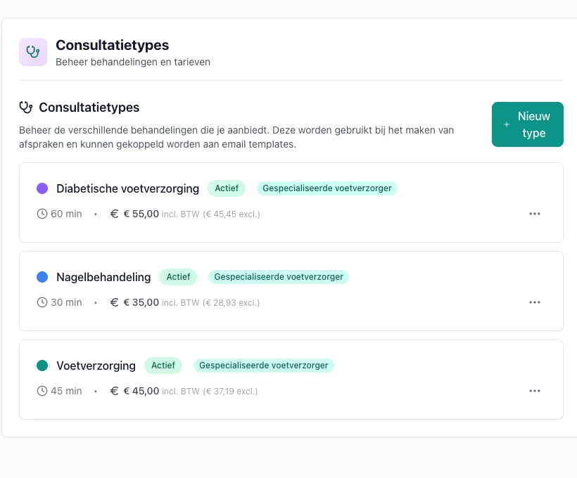 Consultatietypes in VIMA voor voetverzorging met behandelingen zoals diabetische voetverzorging en nagelbehandeling, telkens met duur en prijs