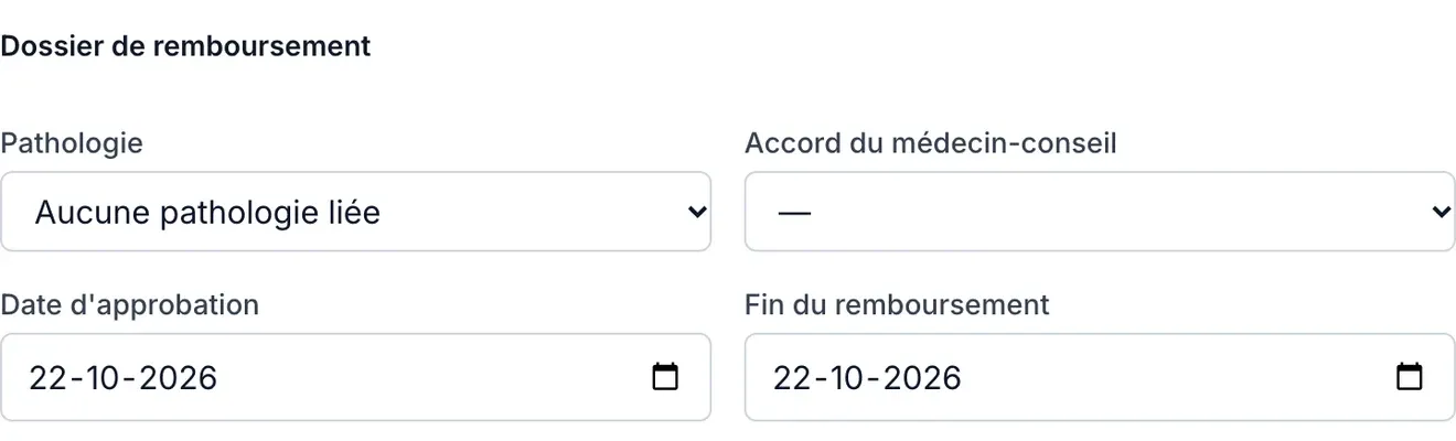 Reimbursement dossier in VIMA (French interface) with pathology, medical advisor’s approval, approval date and end of reimbursement