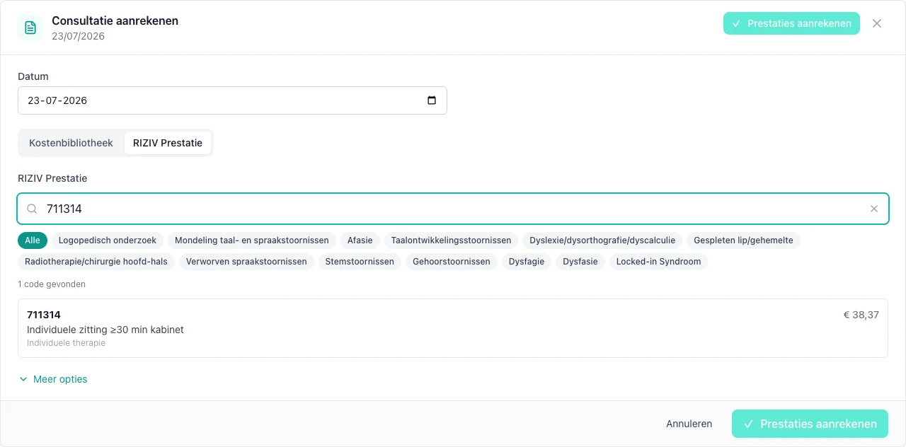 Nomenclature selection in VIMA for speech therapy with Article 36 code, category and fee per service