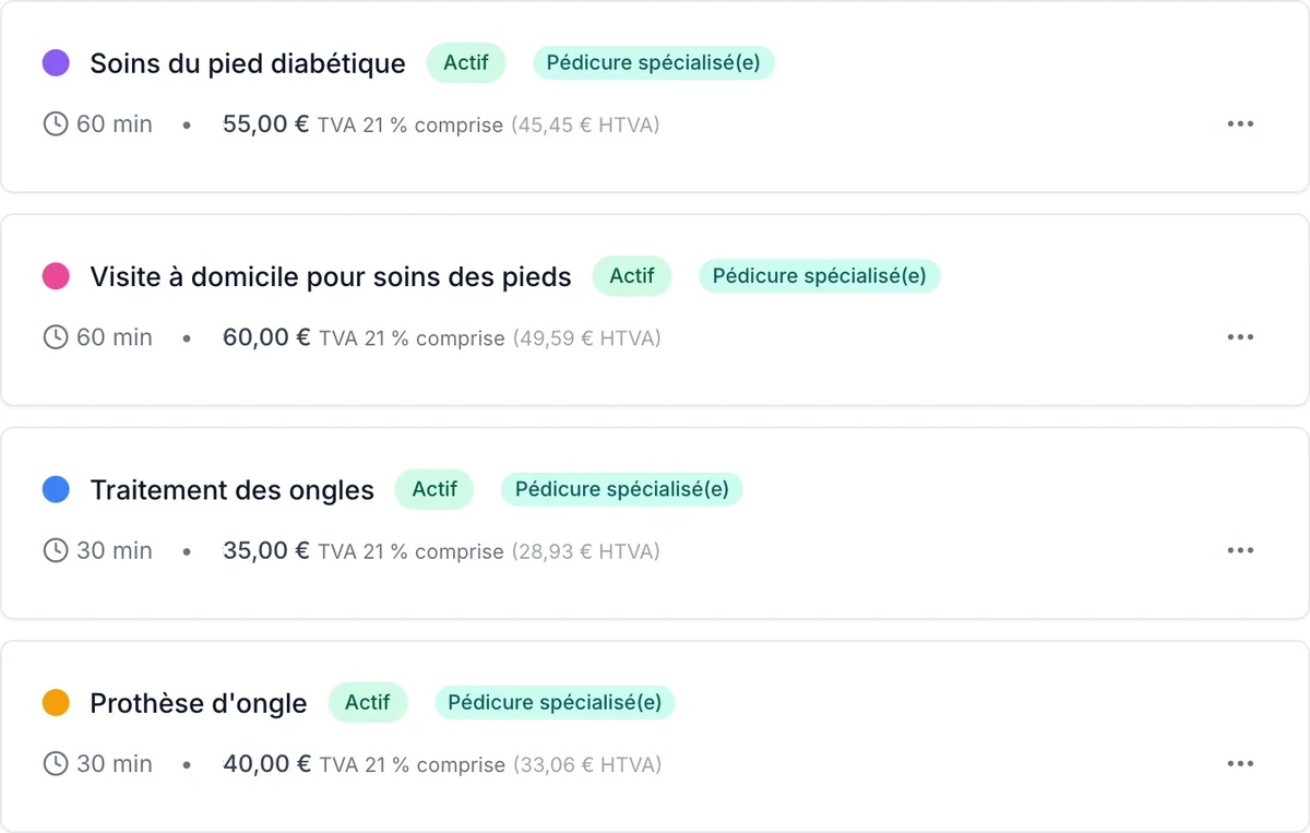 Types de consultation dans VIMA avec, par soin, une couleur, le statut Actif, la durée et le prix TVA comprise