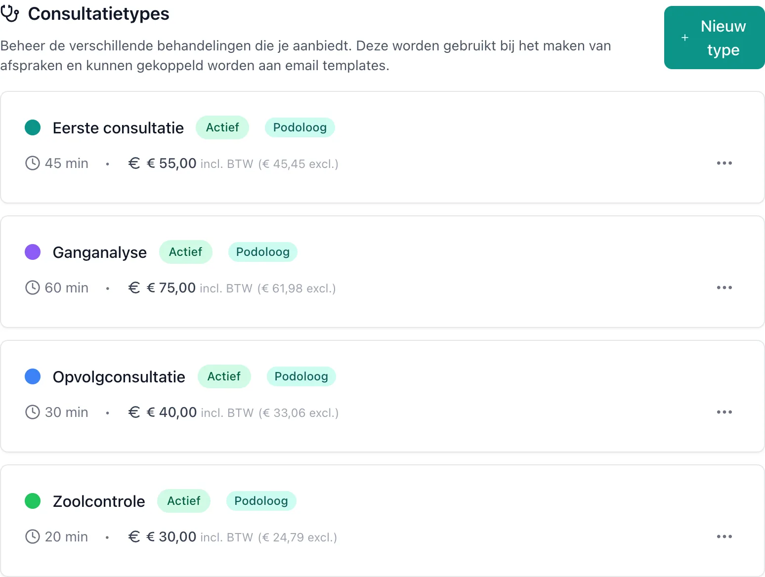 Overzicht van consultatietypes in VIMA met duur en prijs per behandeling, waaronder ganganalyse en zoolcontrole