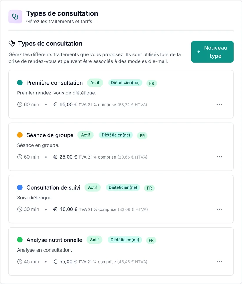 Consultation type settings in VIMA (French interface) for a dietitian, with duration and price, including first consultation, group session, follow-up consultation and nutrition analysis
