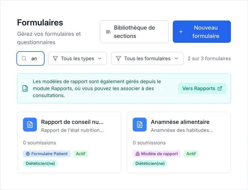 VIMA form library (French interface) with templates such as a nutrition advice report and a dietary history for dietitians