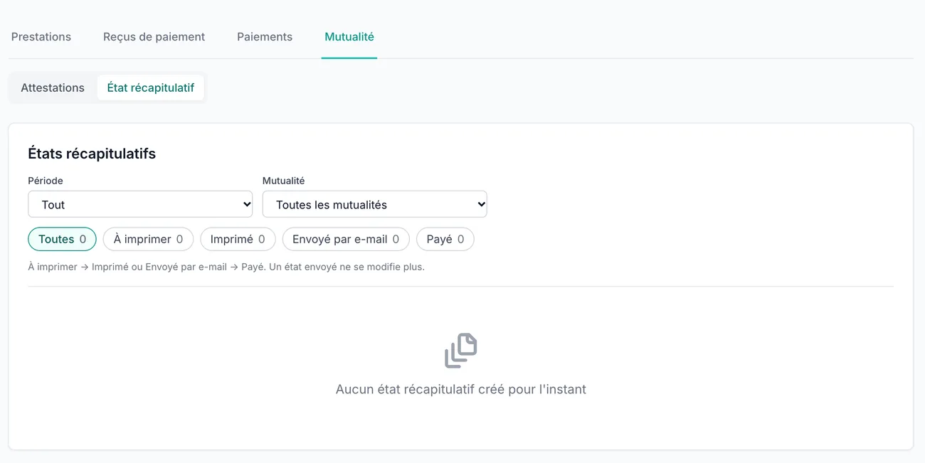 Monthly statement tab in VIMA (French interface) under Finances, Health insurance fund, with period and fund filters and the statuses To print, Printed, Sent by email and Paid