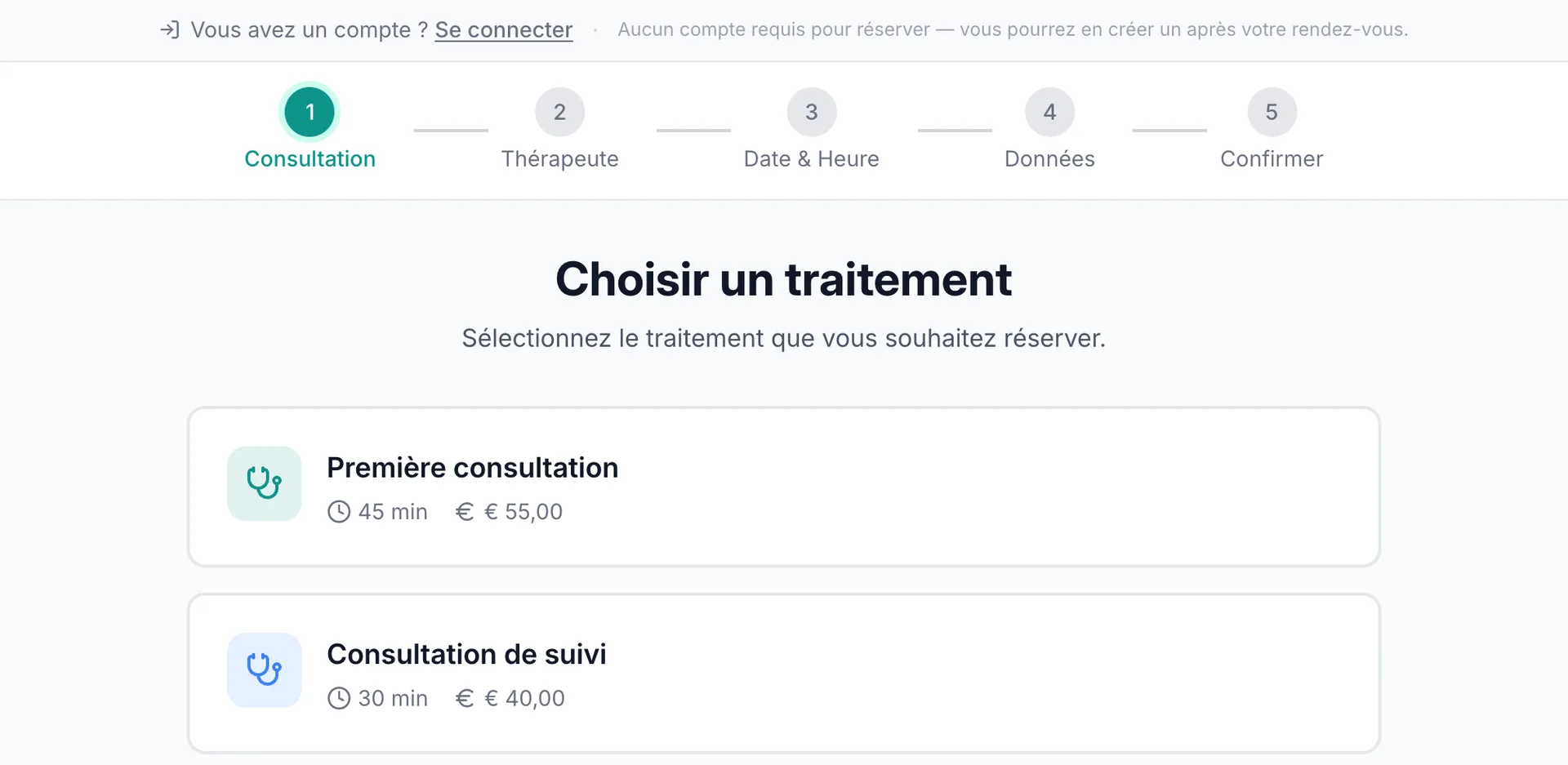Page de réservation en ligne de VIMA côté patient, à l’étape Consultation, avec les étapes Consultation, Thérapeute, Date et heure, Données et Confirmer