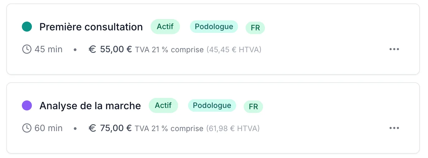 Types de consultation de podologie dans VIMA avec leur durée et leur prix, dont la première consultation et l’analyse de la marche