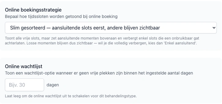 VIMA consultatietype: online wachtlijst instellen in dagen of uitschakelen