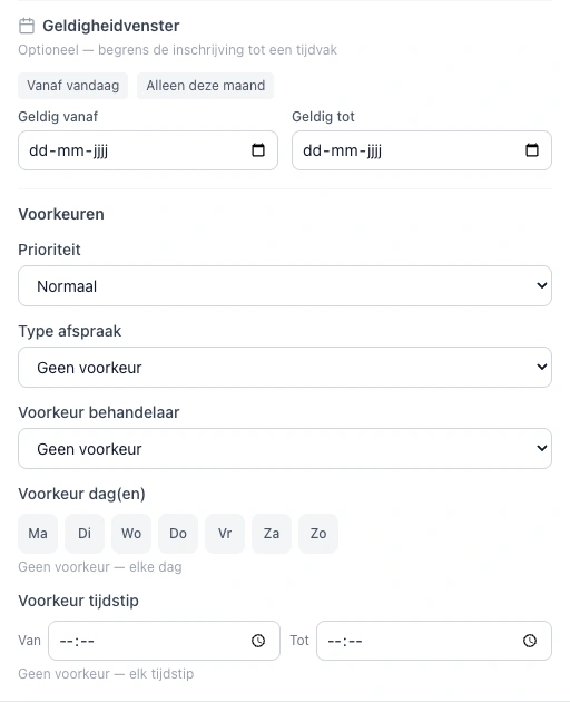 VIMA wachtlijst: geldigheid, prioriteit, consultatietype, behandelaar en voorkeursmomenten